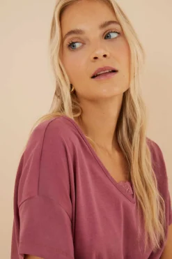 Women'secret Pijamas-T-Shirt 100% Algodao Em Grena Com Renda, De Manga Curta