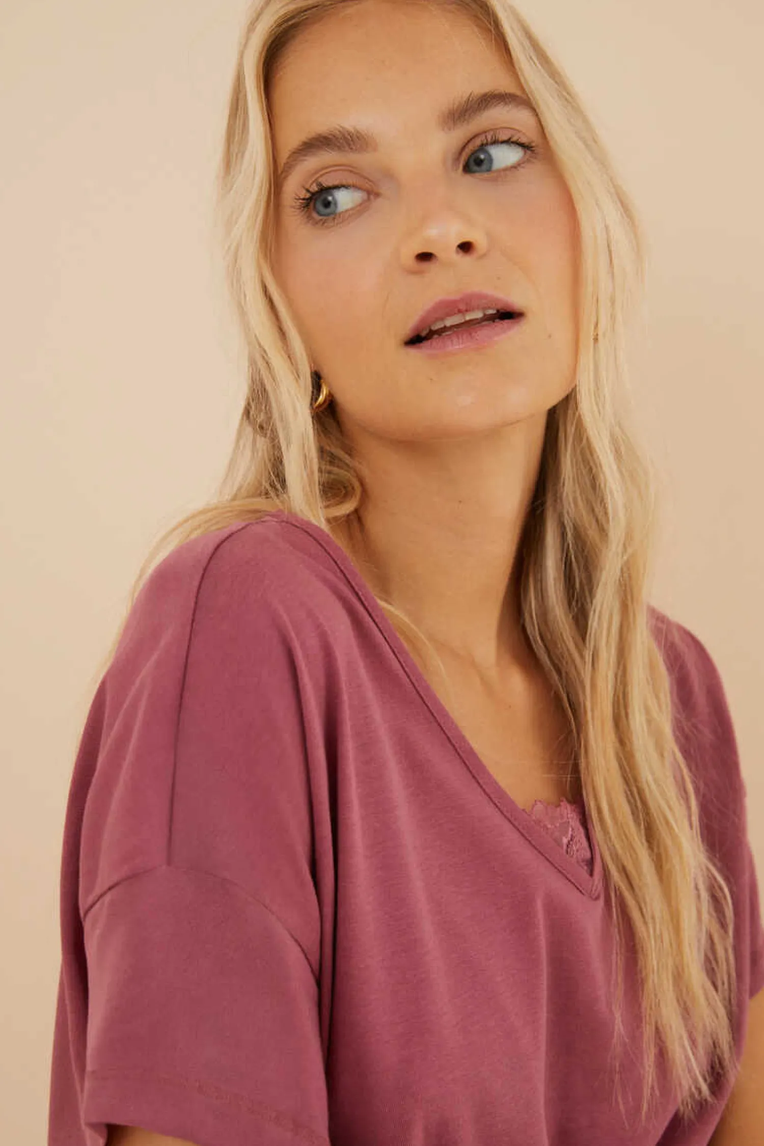 Women'secret Pijamas-T-Shirt 100% Algodao Em Grena Com Renda, De Manga Curta