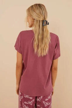 Women'secret Pijamas-T-Shirt 100% Algodao Em Grena Com Renda, De Manga Curta