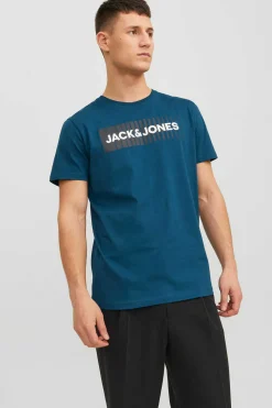 Jack & Jones T-Shirt De Manga Curta De Algodao Organico Print Logo Azul Discount