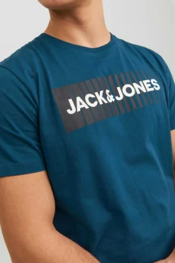 Jack & Jones T-Shirt De Manga Curta De Algodao Organico Print Logo Azul Discount