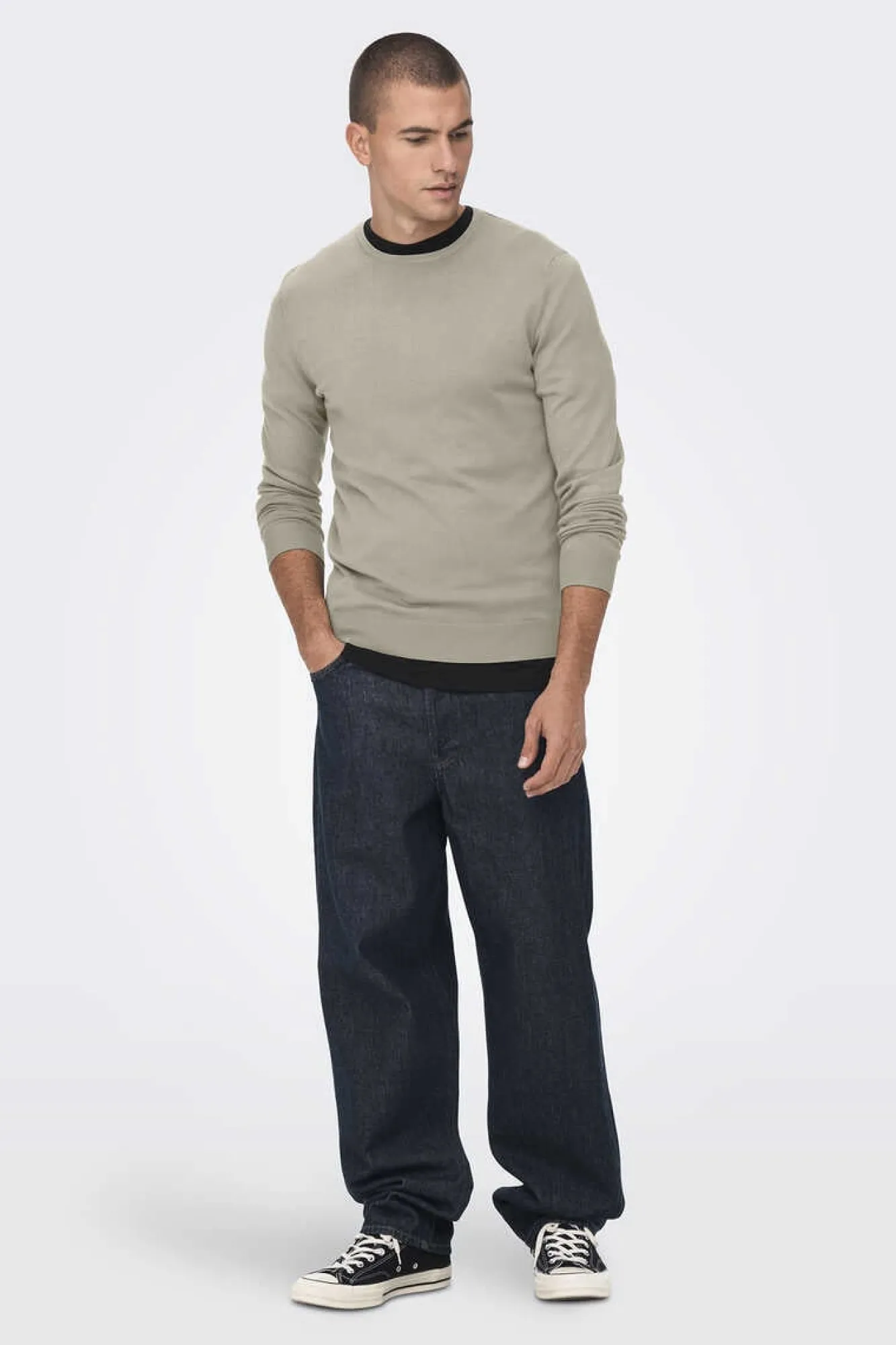 Only & Sons T-Shirt Gola Caixa Malha Leve Cinza Best