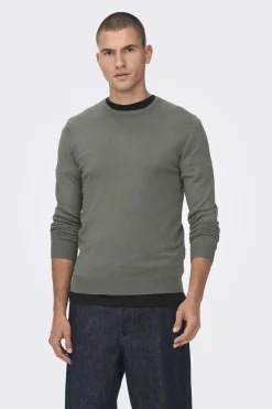 Only & Sons T-Shirt Gola Caixa Malha Leve Caqui Escuro Outlet