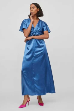 Vila Vestidos E Macacoes-Vestido Acetinado De Manga Curta