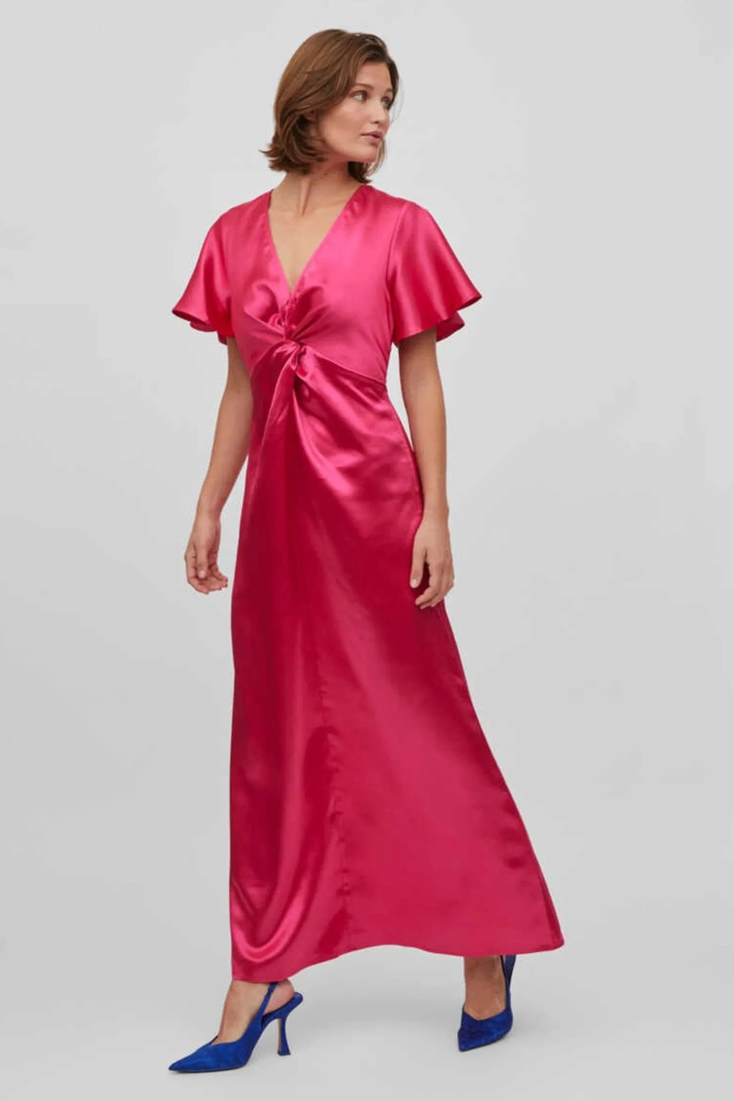 Vila Vestidos E Macacoes-Vestido Acetinado De Manga Curta