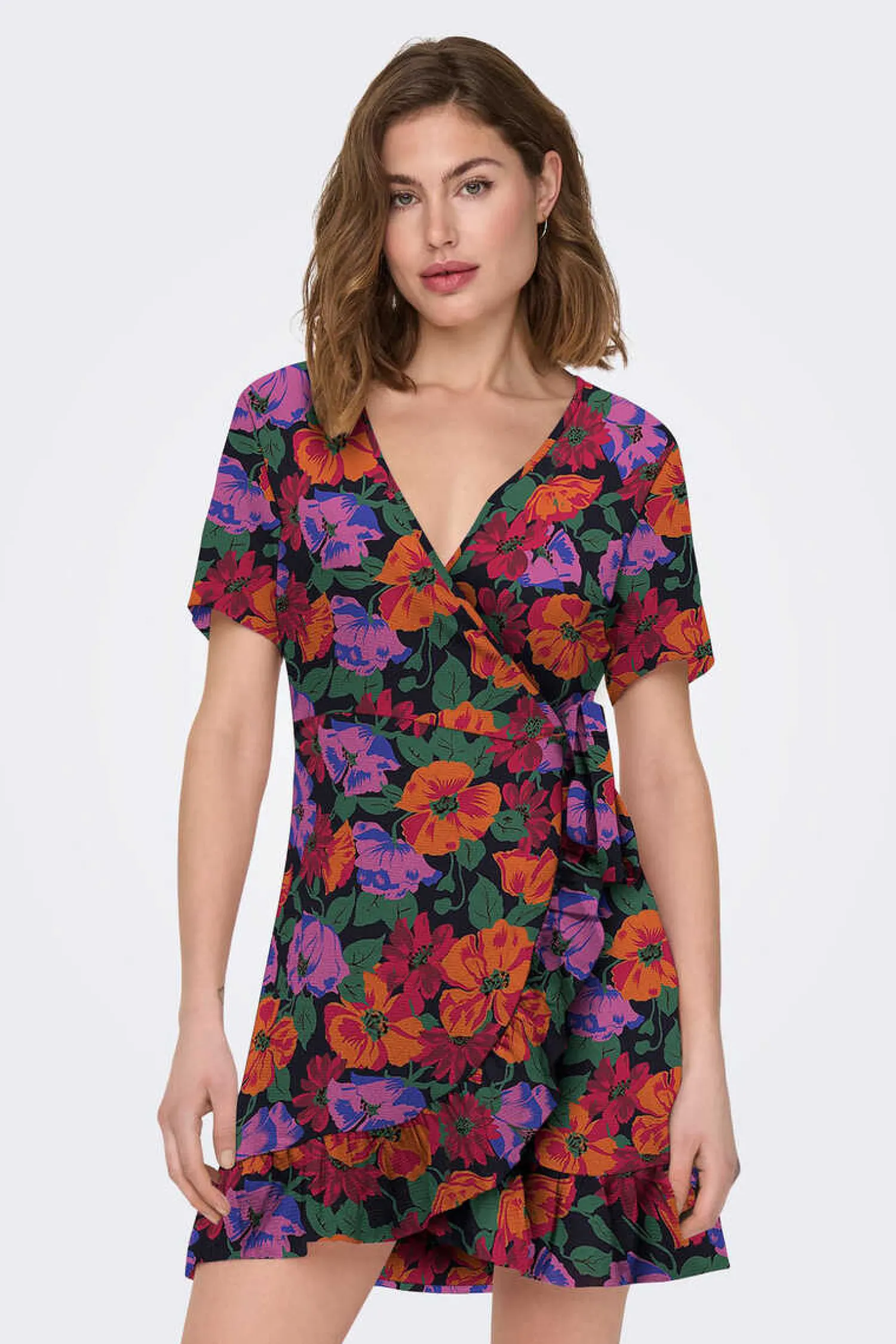 Only Vestidos E Macacoes-Vestido Curto Cruzado De Manga Curta