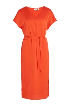 Vila Vestidos E Macacoes-Vestido Midi Acetinado De Manga Curta